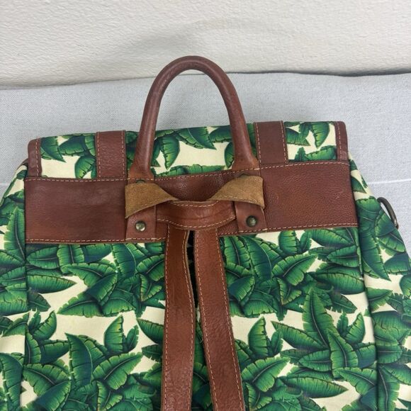 Tropical Banana Palm Leaf Canvas Leather Safari Backpack Bag Medium Green Brown main image 5